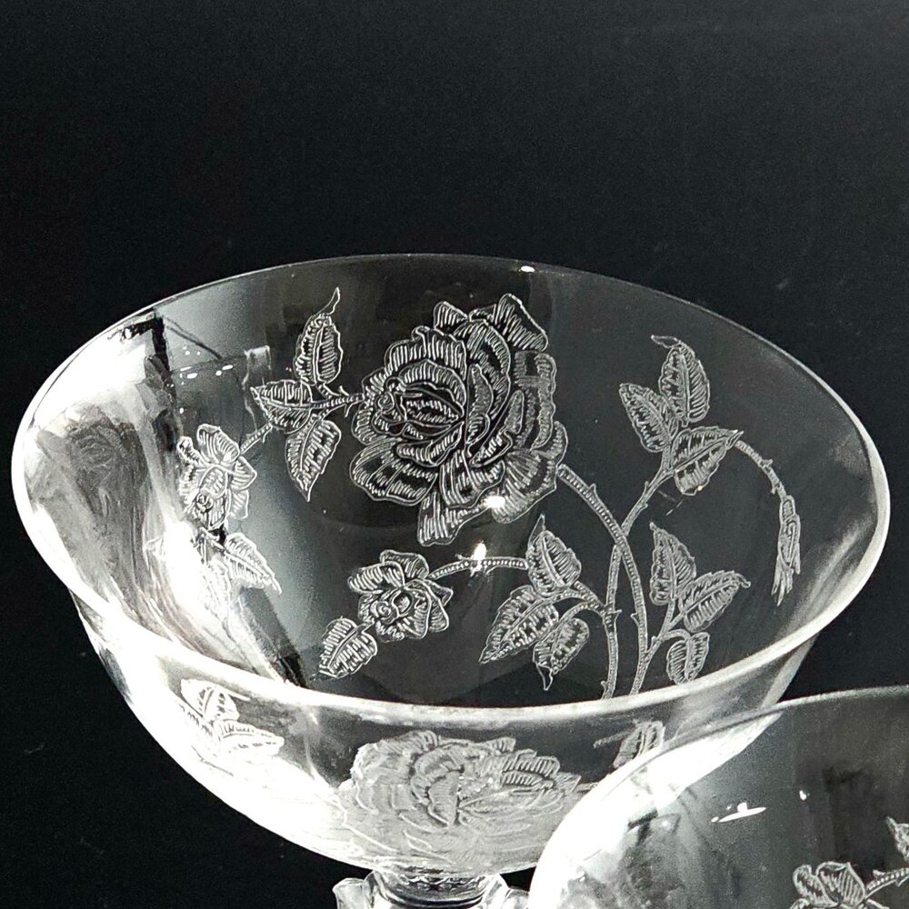 3 Heisey Rose Champagne Coupes 4.5" crystal vtg 1950s romantic vintage romance c - Picture 4 of 6